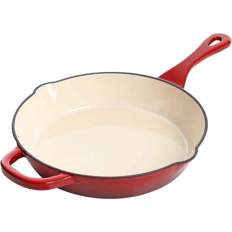 Crock-Pot 10 Inch Enameled Cast Iron Skillet with Handles - Ideal for Searing, Roasting, Frying - Even Heat Distribution, Pour Spouts - Oven-Safe & Stovetop Safe (Red) - Image 1